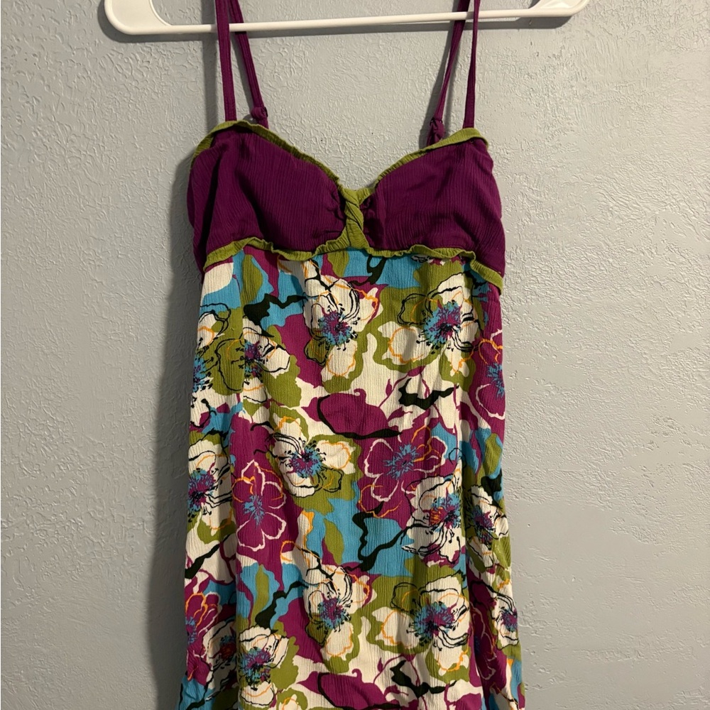 y2k purple and green floral mini dress